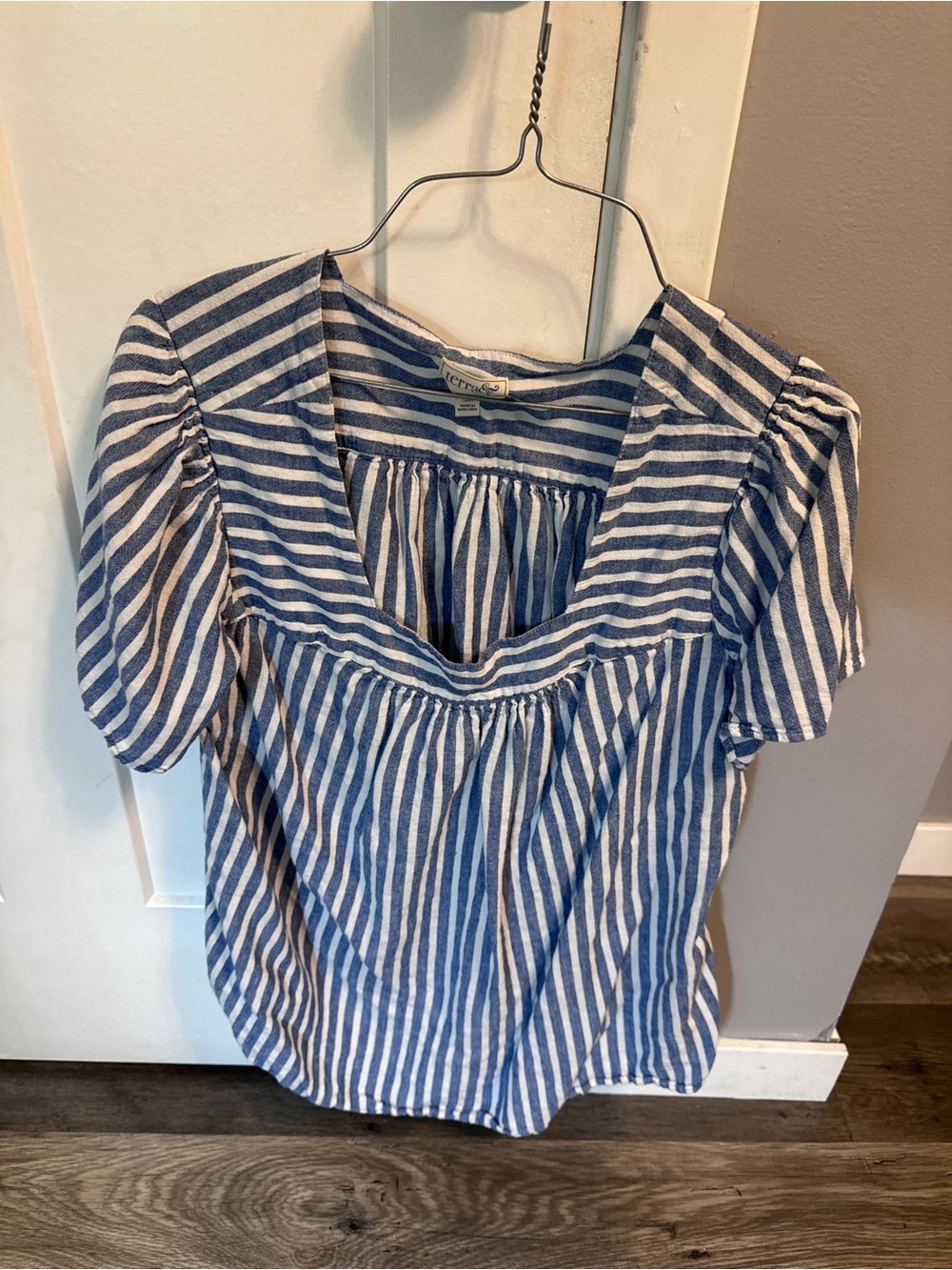 Terra & Sky Blue and White Striped Square-Neck Blouse
